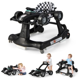 GLACER Foldable Baby Walker, 4-in-1 Infant Walker with Adjustable Height & Speed, Music, Light, Steering Wheel & Washable Cushion, Baby Walker Activity Center for Boys Girls 6 –18 Months (Black)