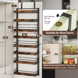 8 Tier Over The Door Pantry Organizer, 2 IN 1 Wall Mount or Metal Hanging Spice Rack for Pantry Organizers and Storage, Seasoning Shelves，Adjustable Basket with Hooks for Kitchen Cabinet and Closet