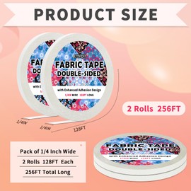 ETNRHP 2 Rolls Double-Sided Fabric Tape with Enhanced Adhesion, 1/4" x 128FT Hemming Tape No Sew No Iron for Pants Quick Clothes Repairs Hemming Curtains Crafts Peels Off Easily