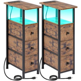 LOAKEKEL Narrow End Tables Living Room Set of 2 with Charging Station, Skinny Side Table with Fabric Drawers, Slim LED Nightstand for Bedroom, Small Spaces, Couch, Rustic Brown, HETNDP03LPBR