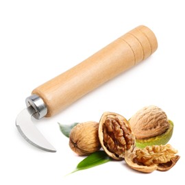 GWOZI Hook Knife for Fruits & Nuts - Stainless Steel Curved Knives - Kitchen Hooked Knife with Wooden Handle - Opening Tool for Walnut, Chestnut, Coconut, Seafood