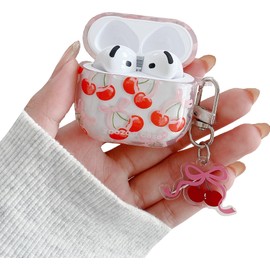 JANDM for AirPods Cherry Case with Keychain,Clear Shockproof Soft Clear Women Girls Case with Cute Bow Cherry with Keychain for AirPods 1/2