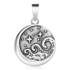 MATERIA by Matthias Wagner Waves Pendant 925 Silver Round with Moon and Stars for Women, Silver