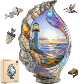 Delobil Lighthouse Wooden Puzzles for Adults, Shell Landscape Jigsaw Puzzles 200 Pieces, Unique Shape Puzzles for Adults and Kids, 13 x 8.2 Inches Medium Size, Fun Challenging Puzzles Family Game