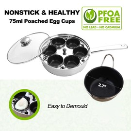 6 Cups Egg Poacher, Stainless Steel Stovetop Poached Egg Cooker, PFOA-Free Egg Poacher Pan with Lid, Nonstick Poached Egg Cups, and Silicone Spatula, for All Stoves