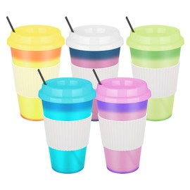 NUZEKY Plastic Coffee Cups with Lids Straws: 16oz 5 Pcs Colour Changing Cups for Hot & Cold Drinks - Iced Coffee Cup Party Tumbler Bulk for Kids Adults - Party Smoothie Cup Travel Mugs