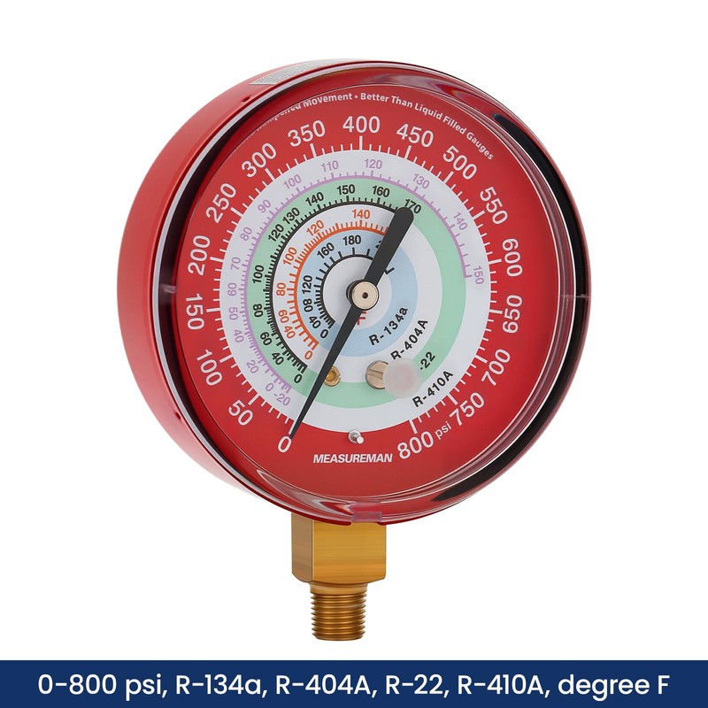 MEASUREMAN New Refrigeration Pressure Gauge, 3-1/8" Dial, Red Dial, 1/8"