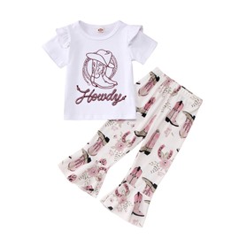 GLIGLITTR Toddler Baby Girl Bell Bottom Outfit Set Western Cowgirls Short Sleeve Tee+Boho Flared Pants 2pcs Summer Clothes(5-6T,White-B)