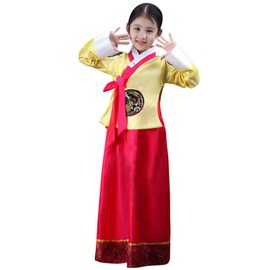 CRB Fashion Girls Traditional Kids Korean Hanbok Outfit Dress Costume (150cm, Yellow Red)