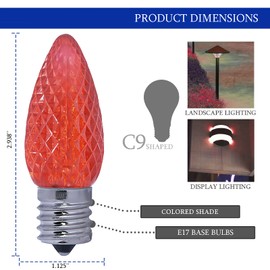 Dysmio Decorative Colored Christmas Replacement LED Light Bulb 0.6 W, 120 V, C9 Type Bulb Design, Commercial Grade E 17 Socket with Damp Rating (Red, 25 Pack)