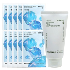 (10 sheets) Innisfree Active Mask Hyaluronic Acid (Moisture Replenishment) + Olive Vitamin E Real Cleansing Foam / (10매)이니스프리 액티브 마스크 히알루론산 (수분충전)+올리브 비타민 E 리얼 클렌징 폼