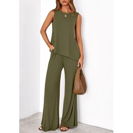 PRETTYGARDEN Women's 2026 Two Piece Matching Lounge Sets Asymmetrical Split Tank Tops Wide Leg Pants Summer Outfits Tracksuit (Army Green,Small)