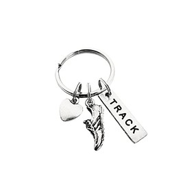 Pewter LOVE TO RUN TRACK Key Chain - Pewter Heart, Pewter Running Shoe Charm and Pewter TRACK Pendant on Round Stainless Steel Key Ring - All Pewter Key
