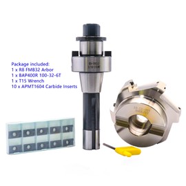 3.94"/100mm Cutting Diameter 90 Degree 6 Flute Indexable CNC Face End Mill Shell Cutter BAP400R 100-32-6T, Shank Face End Mill Arbor R8-FMB32 7/16-20 with 20Pcs APMT1604 Carbide Inserts and T15 Wrench