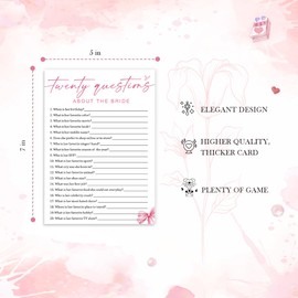 Wedding Shower Games Cards, Twenty Questions About The Bride, Bridal Shower Games 25 Guests, Engagement Party Wedding Games for Guests, Pink Ribbon Bow Wedding Party Supplies - E05
