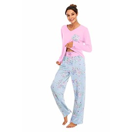 Famulily Pyjamas for Women Set Cotton Long Sleeve Nightwear Casual Loungewear Pjs Tracksuits for Ladies 2 Piece Pink XL