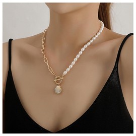 Cimenexe Vintage Scallop Pendant Necklace Chain Asymmetrical Pearl Choker Necklace Shell Choker Necklace Paper Clip Link Necklace Gold Toggle Clasp Necklace Choker Jewellery For