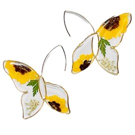 Butterfly Pressed Flower Earrings, Natural Green Fern Leaf/Yellow Daisy/Red Maple Leaf Earrings, Bohemian Boho Style Large Drop Dangle Resin Earrings for Women Girls (Yellow Daisy (Summer))