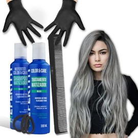 Kit Matizador Bleu para Cabello Rubio con Mechas Platinado Gris o Plata - Shampoo y Tratamiento Matizante Antiamarillo + Peine Donitas y Guantes ALFAMAR - Elimina Visos Amarillos Verdes y Naranjas del Cabello Decolorado
