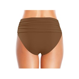 Tempt Me Women's Brown High Waisted Bikini Bottom Tummy Control Ruched Bathing Suit Swim Bottom M