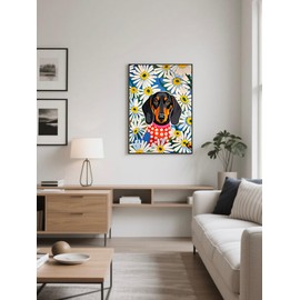 Dachshund 5D Diamond Painting Kit for Adults - Dachshund in Daisy Field Full Drill DIY Round Diamond Art Kit Suitable for Beginners and Home Wall Decoration 12×16 inch