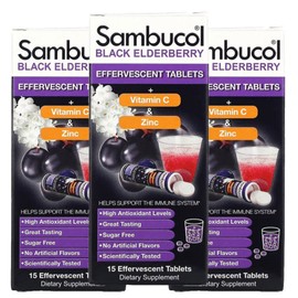 Sambucol Black Elderberry + Vitamin C and Zinc Effervescent Tablets, 3, 15 Tablets / 삼부콜 블랙 엘더베리 + 비타민 C 엔 아연 발포정 타블렛, 3개, 15정