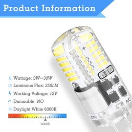 DiCUNO G4 3W Bi-pin LED Bulb, 30W T3 Halogen Bulb Equivalent, AC/DC 12V Daylight White 6000K, Non-dimmable LED Light Bulb for Home Landscape of 10 Pcs