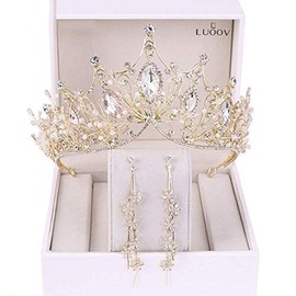 Tiara Crystal Crown for Bridal, Princess Tiara Wedding Tiara Crown for Wedding Prom Proms Pageants Parties Birthday, 0980-golden (crown + earrings)