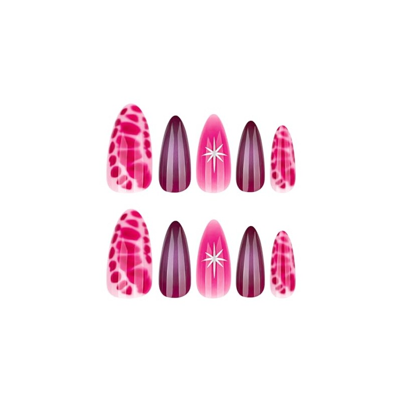 Uñas postizas cortas de acrílico rosa fucsia con estampado de