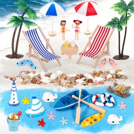 Amzeeniu Beach Micro Landscape, Pack of 42 Mini Beach Decorations, Mini Lounger Chair, Small Palm Tree Decoration, Shells, Decorative Turtle Decoration for DIY Zen Garden Decoration, Unique Gift,