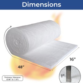 48" x 16" x 1" Thick Ceramic Fiber Blanket - 8 LB Density, Rated to 2400F (1315C), High Temperature Insulation for Forge, Furnace, Chimney, Boiler, Kiln, Pizza Oven, Fireplace, Wood Stove Insulation
