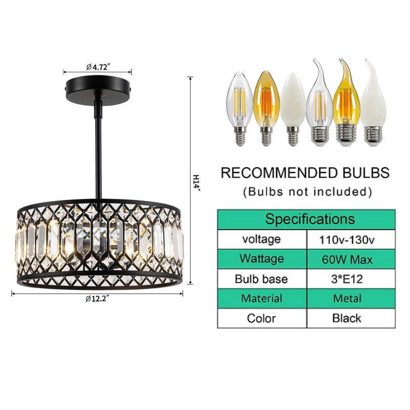 Rpzloila 3-Light Crystal Ceiling Light, Modern Semi Flush Mount Light
