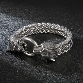Klapgo Silver Stainless Steel Wolf Head Link Chain Bracelet for Men Vintage Gothic Bracelets for Men Biker Jewelry Franco Link Gift for Him