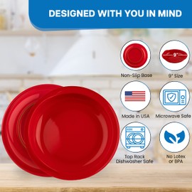 Providence Spillproof 9" Scoop Plate High-Low Adaptive Bowl - 6-Pack Red and White - Dish for Disabled, Handicapped, and Elderly Adults with Special Needs from Parkinsons, Dementia, Stroke or Tremors