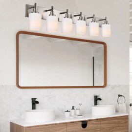Modern 6-Light Bathroom Vanity Lighting Milky White Glass Shade Wall Scon Kitchen Light FixturesNumbers of Light: 6-Light, Color: Brushed Nickel Color
