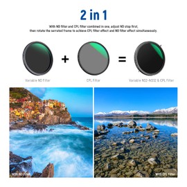 NEEWER 2 in 1 43mm Variable ND Filter ND2–ND32&CPL Filter(Circular Polarizer Filter) No X Cross/30 Layer Nano Coated/HD Optical Glass/Ultra Slim Aluminum Alloy Frame/Water Repellent/Scratch Resistant