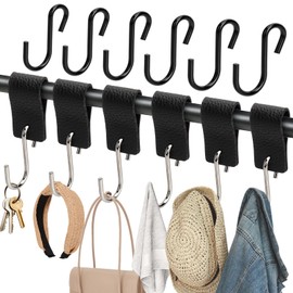 Suprbee S Hooks with 6 Leather Loop, Pack of 12 Black Coat Hooks for Hanging, Clothes Rail, Leather Hooks for Hanging, Metal Hooks for Kitchen, Bathroom, Bedroom, Living Room