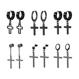 Hinvan 6 Pairs Stainless Steel Cross Earrings for Men Women, Men Earrings Black, Women Earrings Hoops, Small Hoop Earrings for Men Women Dangle Earrings, Black Earrings Men, Titanium Stud Earrings Set