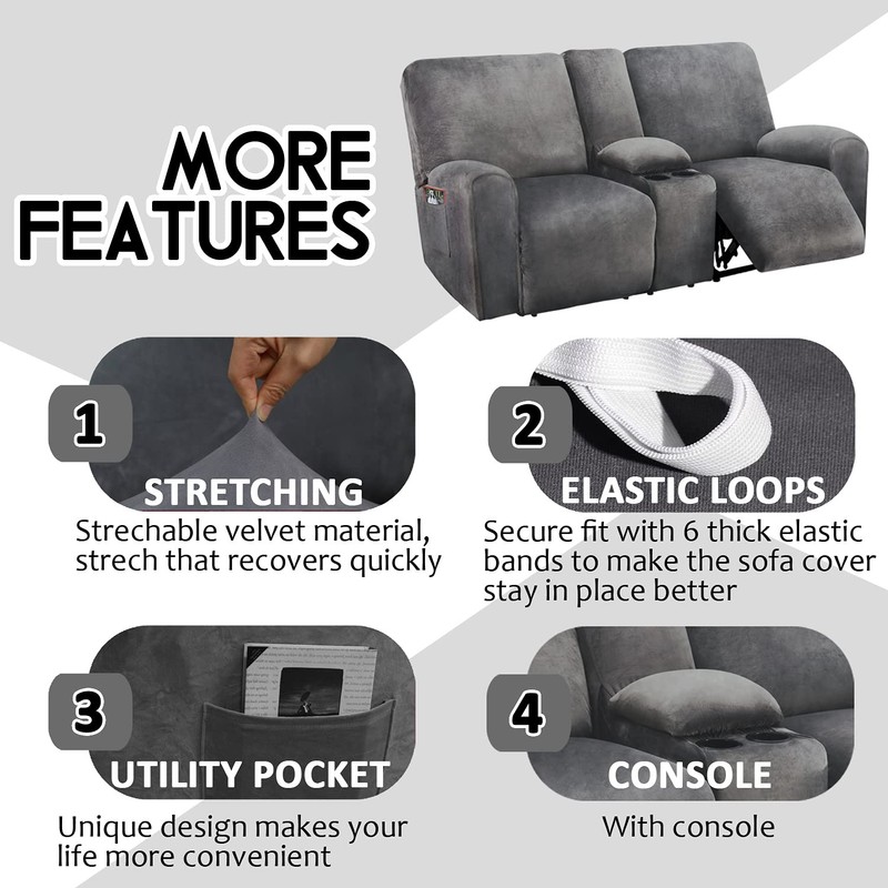 ULTICOR Reclining Loveseat with Middle Console Slipcover, 8-Piece Velvet Stretch