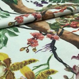 Kt KILOtela Canvas Fabric - per metre - Digital Print Half Panama - 100% Cotton - Width 280cm - Choose Length 50 by 50cm - Exotic Flowers and Tropical Leaves - Green Brown