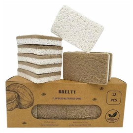 12 Pack Natural Kitchen Sponge - 12 Pcs Plant Based Sponge - Biodegradable Compostable Cellulose and Coconut Scrubber - Pack of 12 Eco Friendly Sponges for Dishes, Kitchen, Bathroom, Household -BRELTY