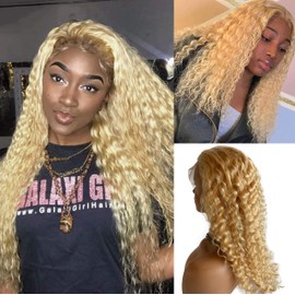 22" Brazilian Blonde Human Hair Wig Deep Wave Pre Plucked 13x4x1" Lace Front T Part Wavy Wig With Baby Hair Full Head 150% Density Bouncy Curls Long Glueless Wig for Black Women