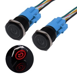 JIQI 2 x 19 mm Momentary Waterproof Pressure Switch 12 V to 24 V 3 A On/Off Button Switch with LED Lighting Black Metal Housing Pre-Wired Momentary Push Button for Car DIY Car Motorcycle (Red)