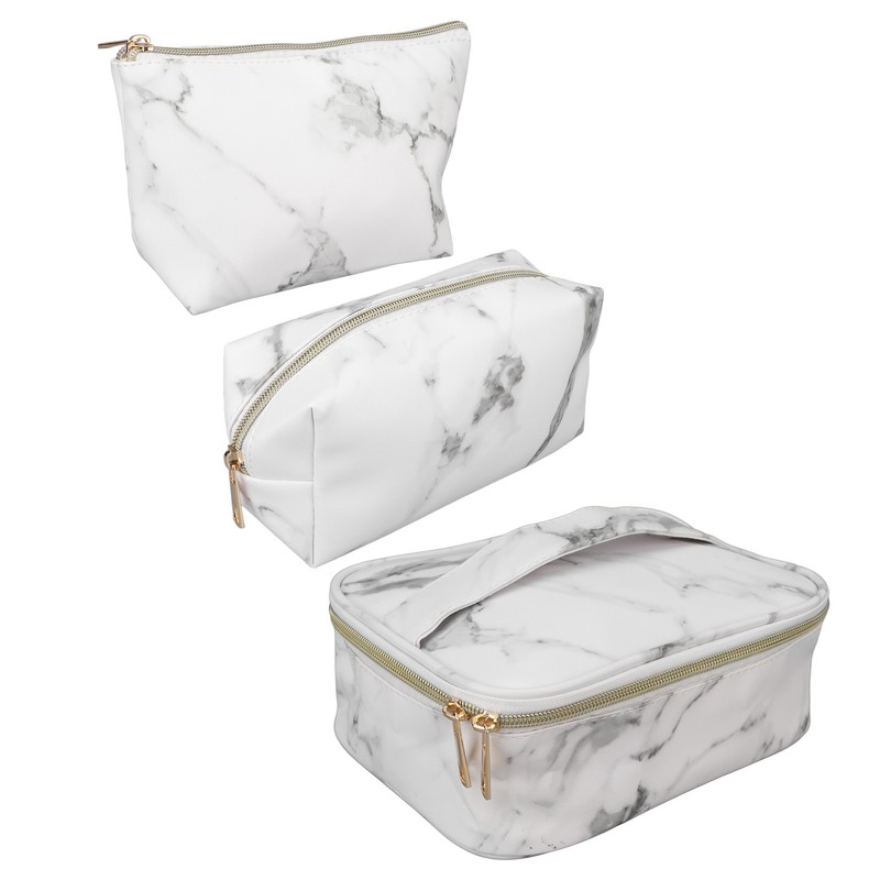 3Pcs Women Cosmetic Bag Marble Print Makeup Case Storage Handbag