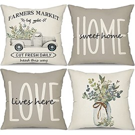Farmhouse Pillow Covers 16x16 Set of 4,Eucalyptus Leaves Decorations Truck Vase Home Sweet Home Linen Cushion Case Gifts for Home Decor