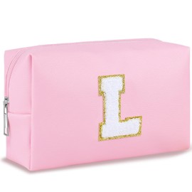 URSKYTOUS - Bolsa de maquillaje con inicial para mujer, bolsa de cosméticos de piel sintética, bonita bolsa de maquillaje personalizada de felpilla para cartera, organizador de artículos de cambiador con cierre, regalo ideal (L), L