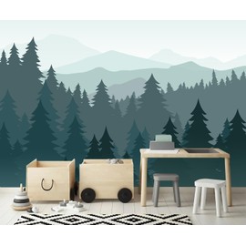 PYFFYP- Blue Watercolor Pine Forest Wallpaper murals for Bedroom Living Room（Not Peel and Stick）