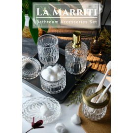 LaMarriti Glass Bathroom Accessories Set, 5pcs Crystal Clear Bathroom Set Accessories, Soap Dispenser, Toothbrush Holder Set, Soap Dish, Tumbler, Qtips Holder for Vintage Bathroom Decor, Gift Set