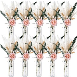 Qinyoung 10 Set Dried Pampas Grass Centerpiece for Wedding 10 Clear Glass Jars 10 Artificial Roses 80 Dried Pampas Grass with Rope for Baby Shower Rustic Bridal Party Farmhouse Decoration(Pink)