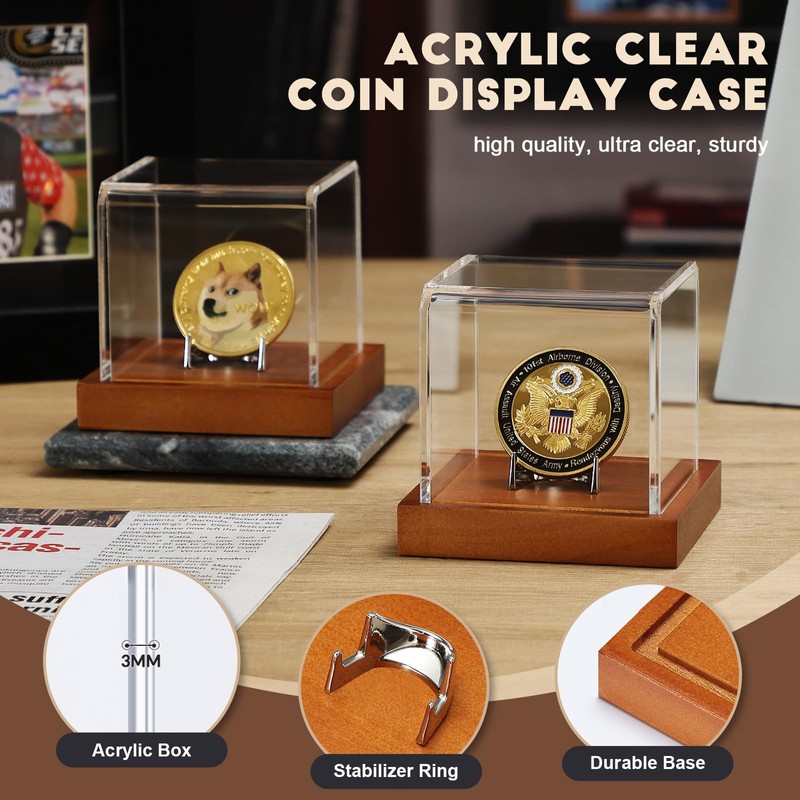 JupDec Coin Display Case, Clear Acrylic Showcase with Wood Base